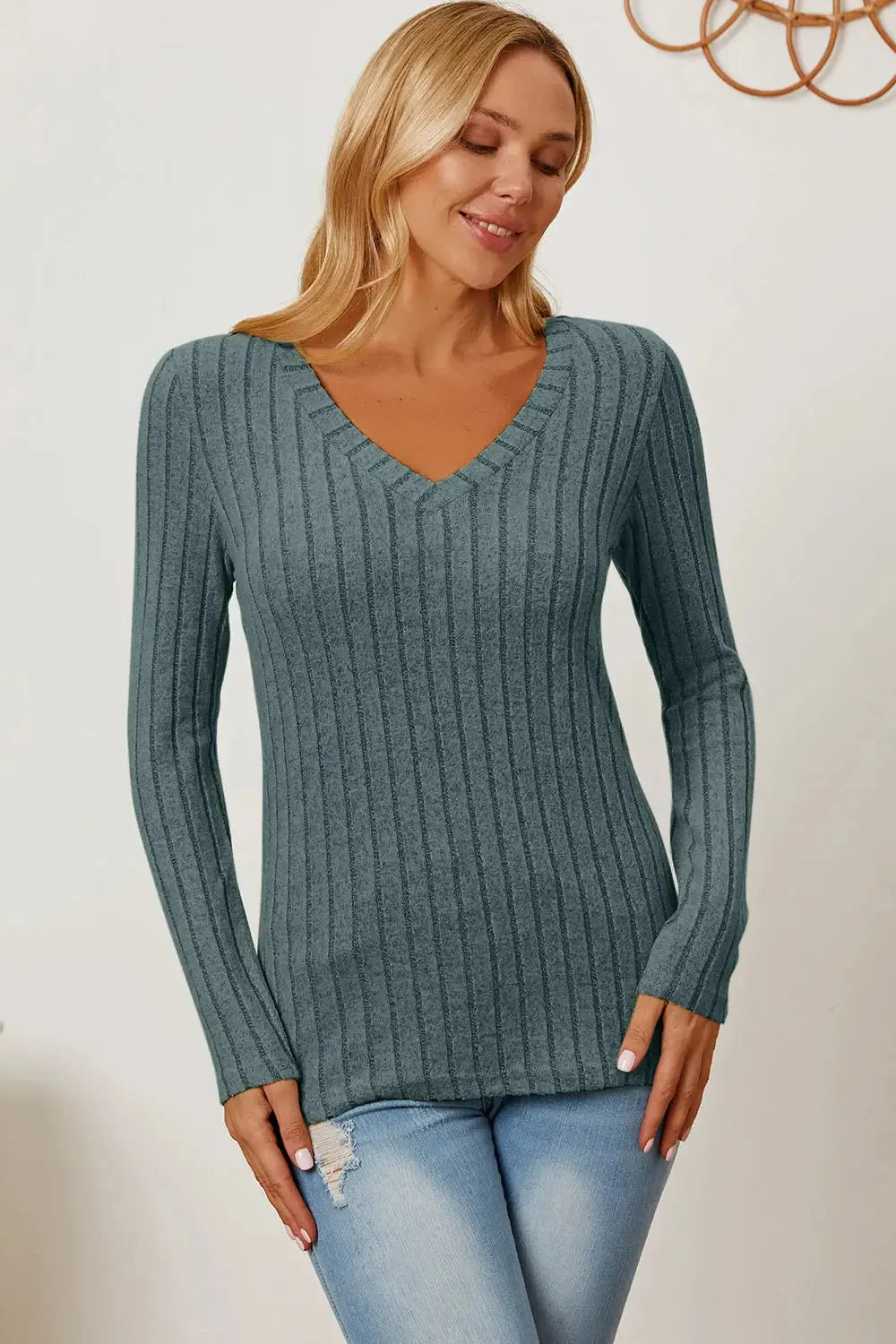 Basic Bae Full Size Ribbed V-Neck Long Sleeve T-Shirt - Love Salve
